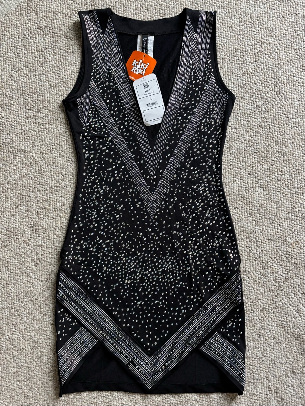 NWT Kikiriki Black Rhinestone Studded Mini Dress - Size S - V-Neck Bodycon